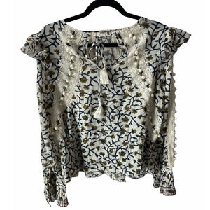 Sea New York Shirt Womens 6 White Yellow Floral Lace Eyelet Tassel Ruffle Blouse
